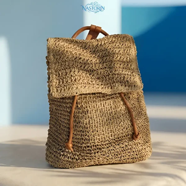 کوله پشتی حصیری زنانه وارداتی دستبافت نسکافه ای
