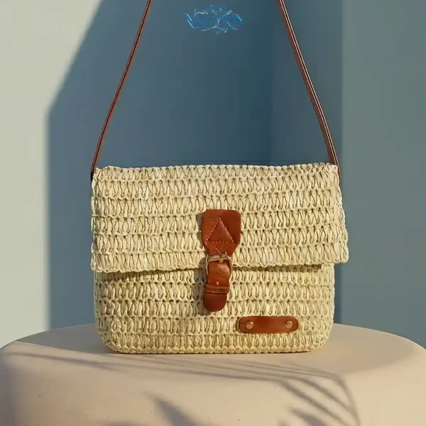 کیف حصیری زنانه دستبافت وارداتی کرمی با بند چرمی